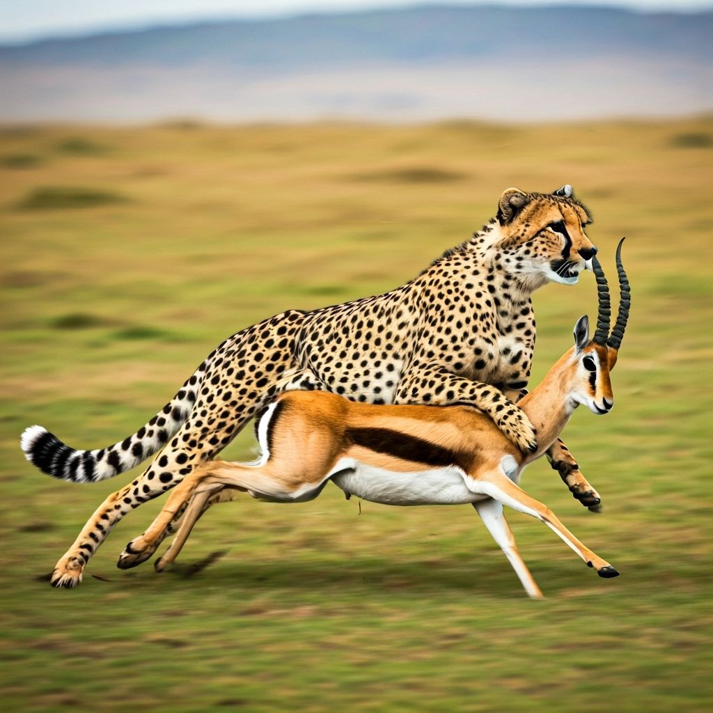 Cheetah Chases Gazelle Across Serengeti Plains in Watercolou...
