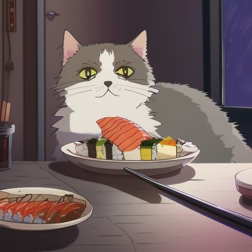 Cat Eating Sushi in Studio Ghibli Anime Style