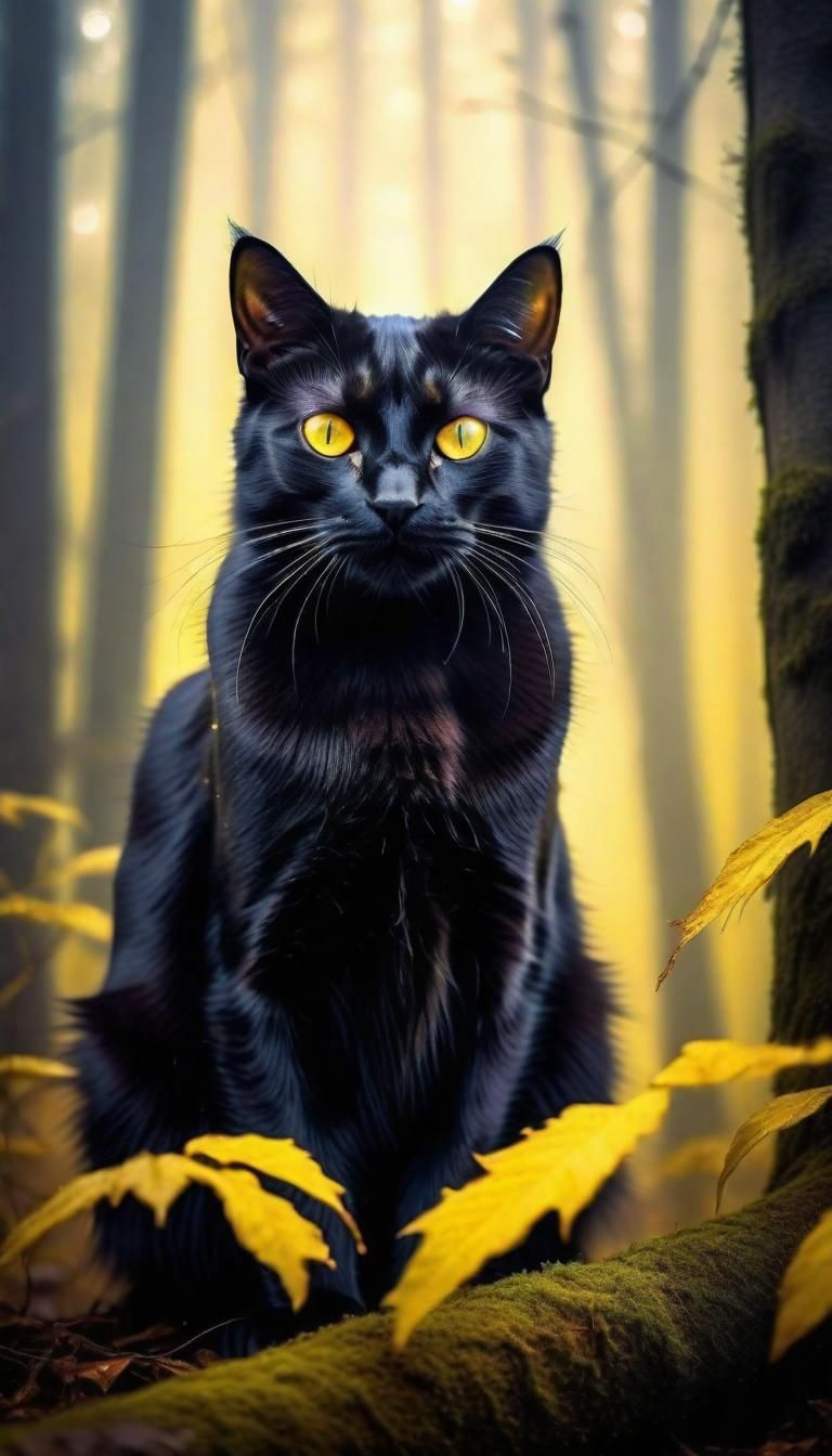 Mystical Black Cat in Spirit World Forest