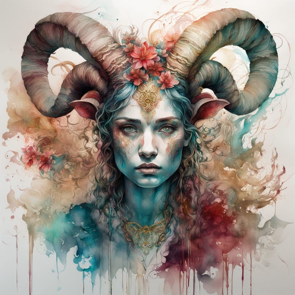 Surreal Portrait of a Woman with Twisted Ram Horns in Waterc...