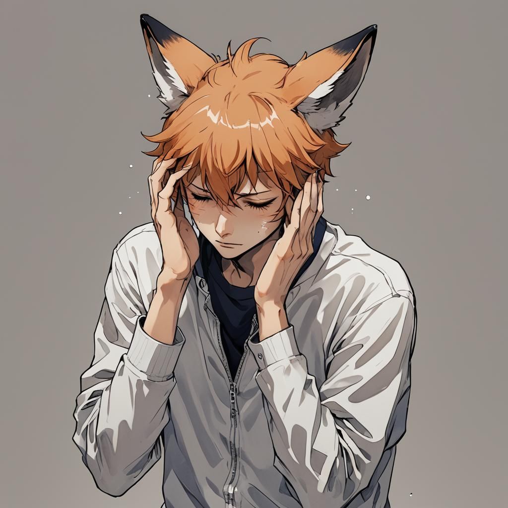 Sad Fox Boy with Headache in Anime Style