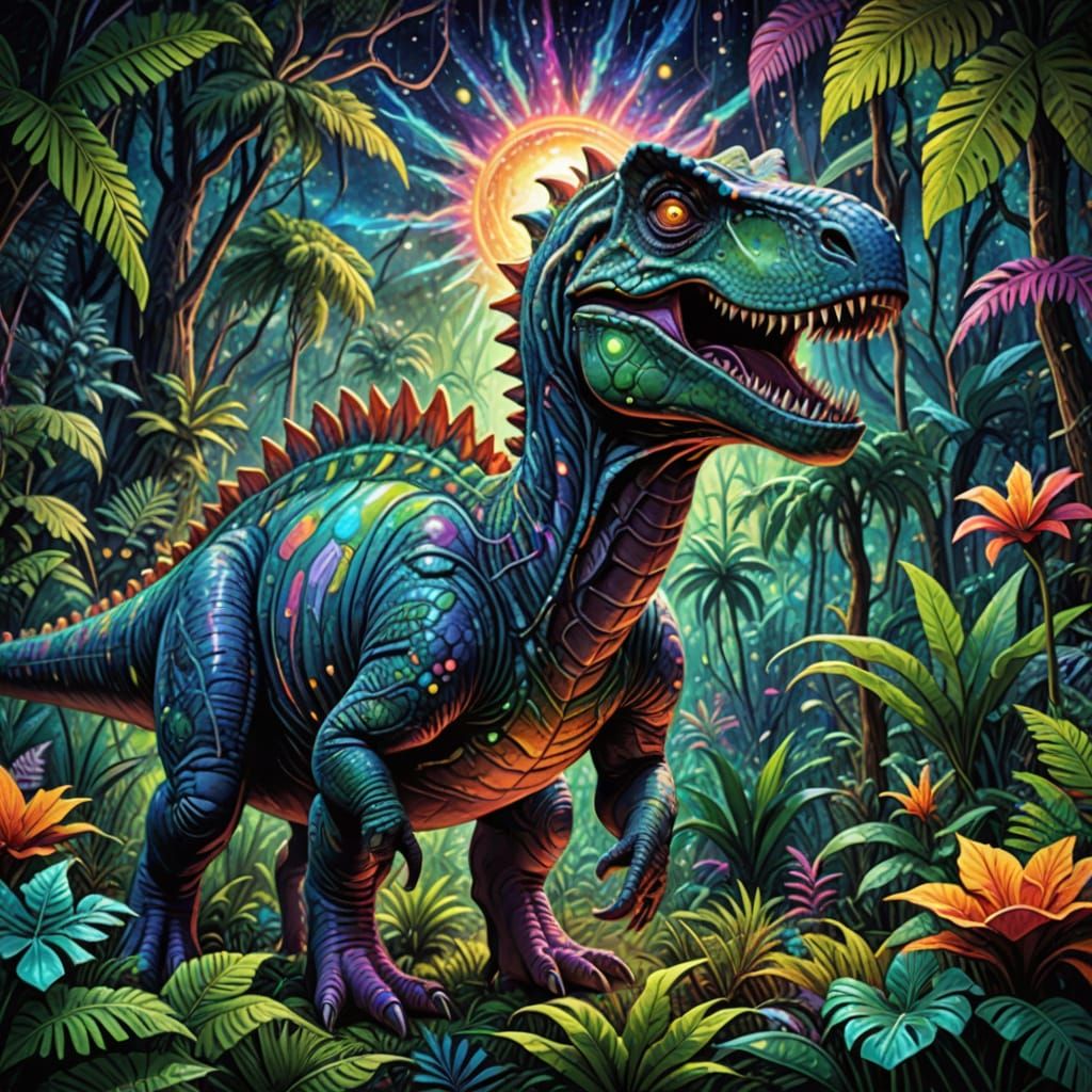 Cosmic Dinosaur in Jungle: Psychedelic Astral Art