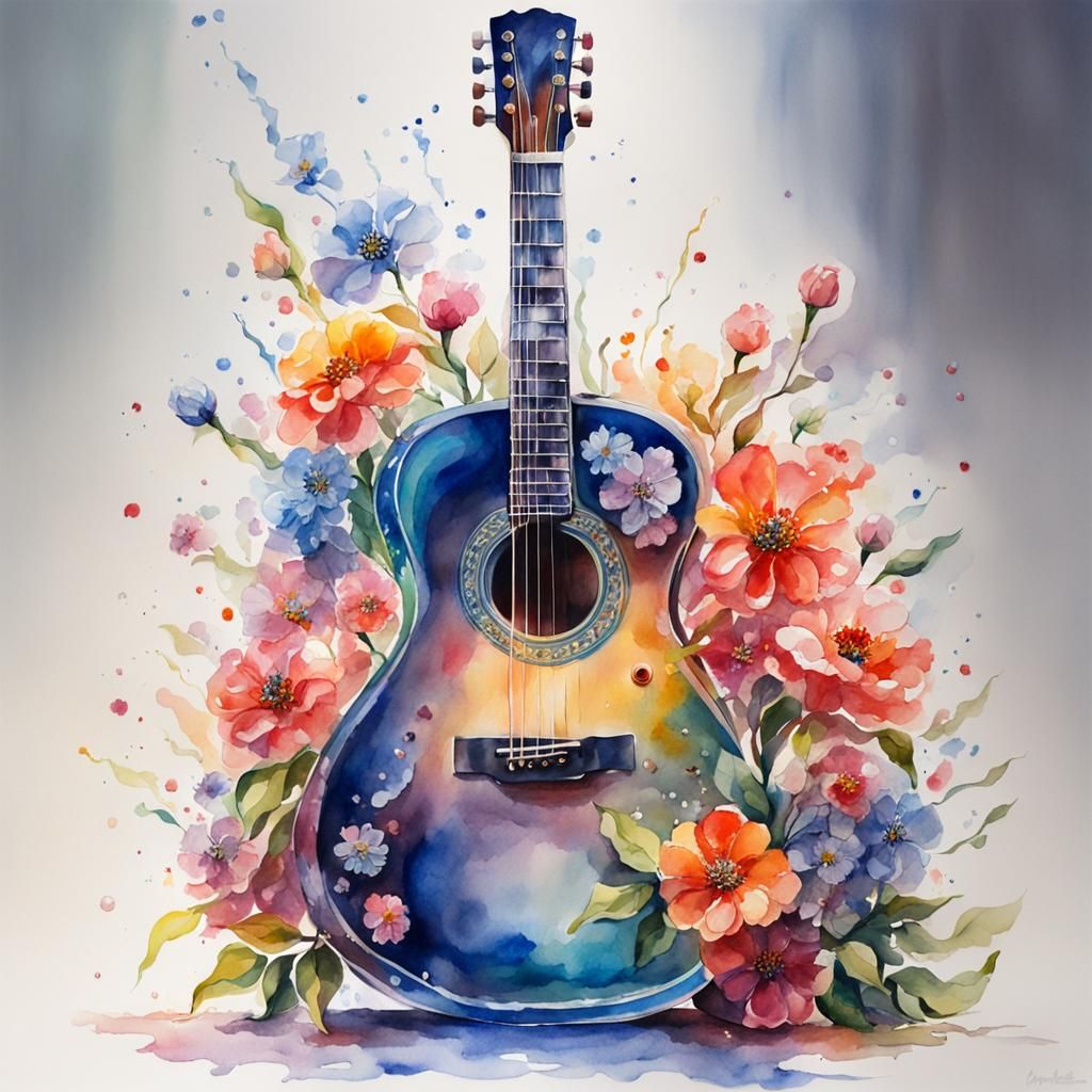 Glass Guitar with Flowers: Watercolor Splash Art