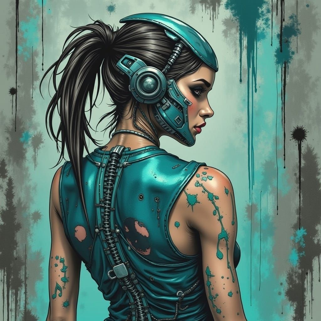 Cyborg Woman with Musical Tattoos in Giger Style