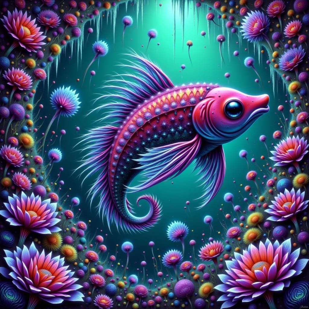 Wise Salmon in Fantastical Luminescent World Alcohol Ink Art