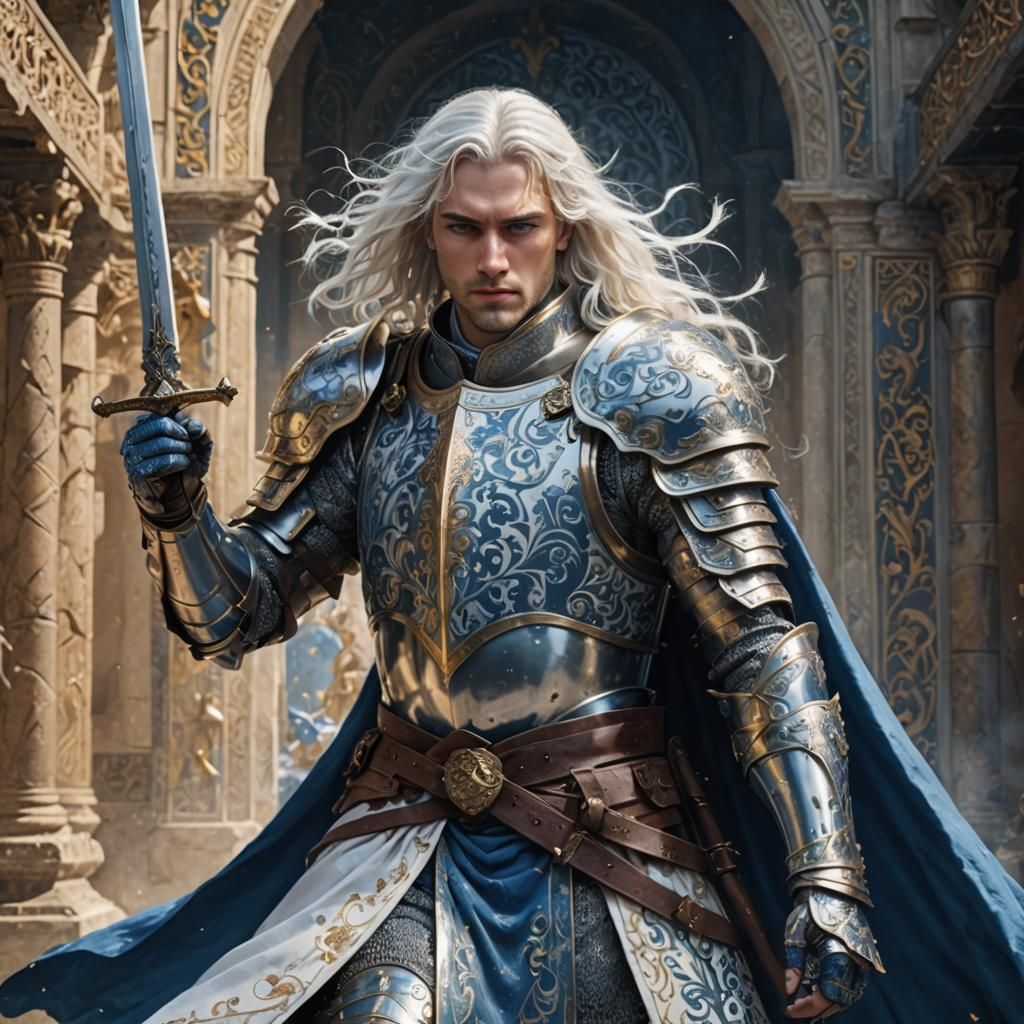 A male human Ice Knight in white and blue armor. Long white hair with blue eyes. He protects the Ice Wizards.
