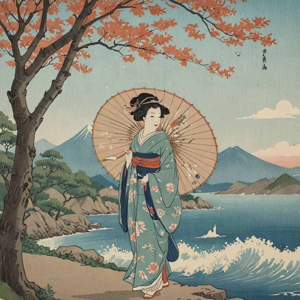 Geisha with Parasol Under Gingko Trees: Ukiyo-e Style