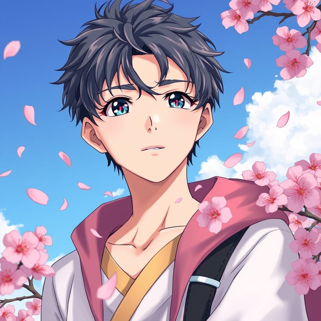 Youthful Anime Protagonist Amidst Cherry Blossoms