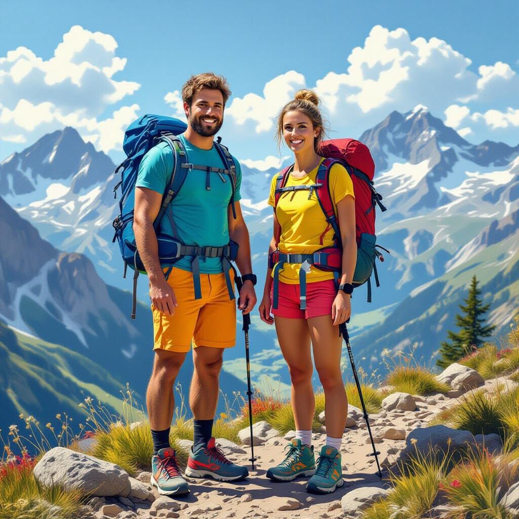 Hikers on Mountain Trail in Detailed Digital Art Style