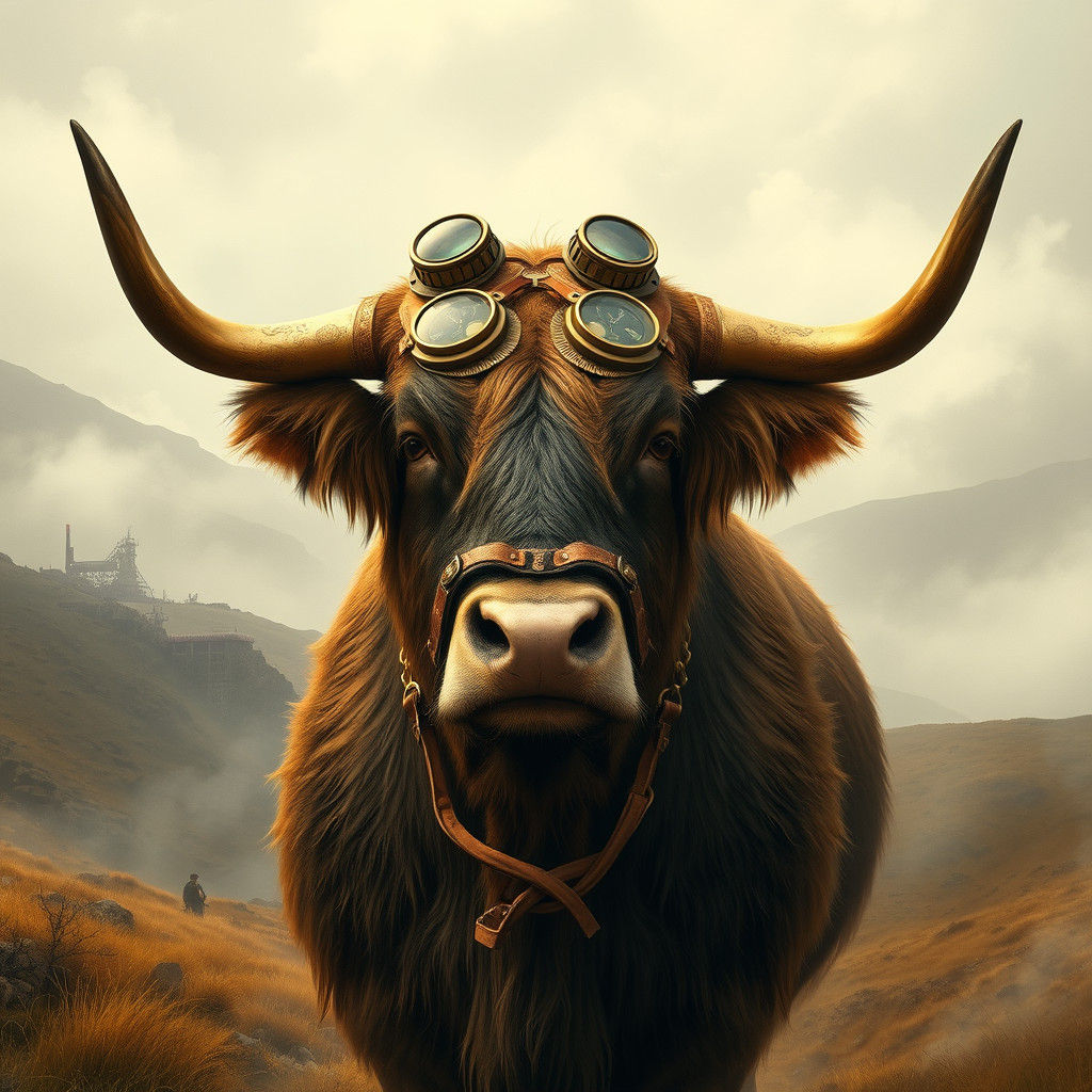 Steampunk Highland Steer in Surrealist Style
