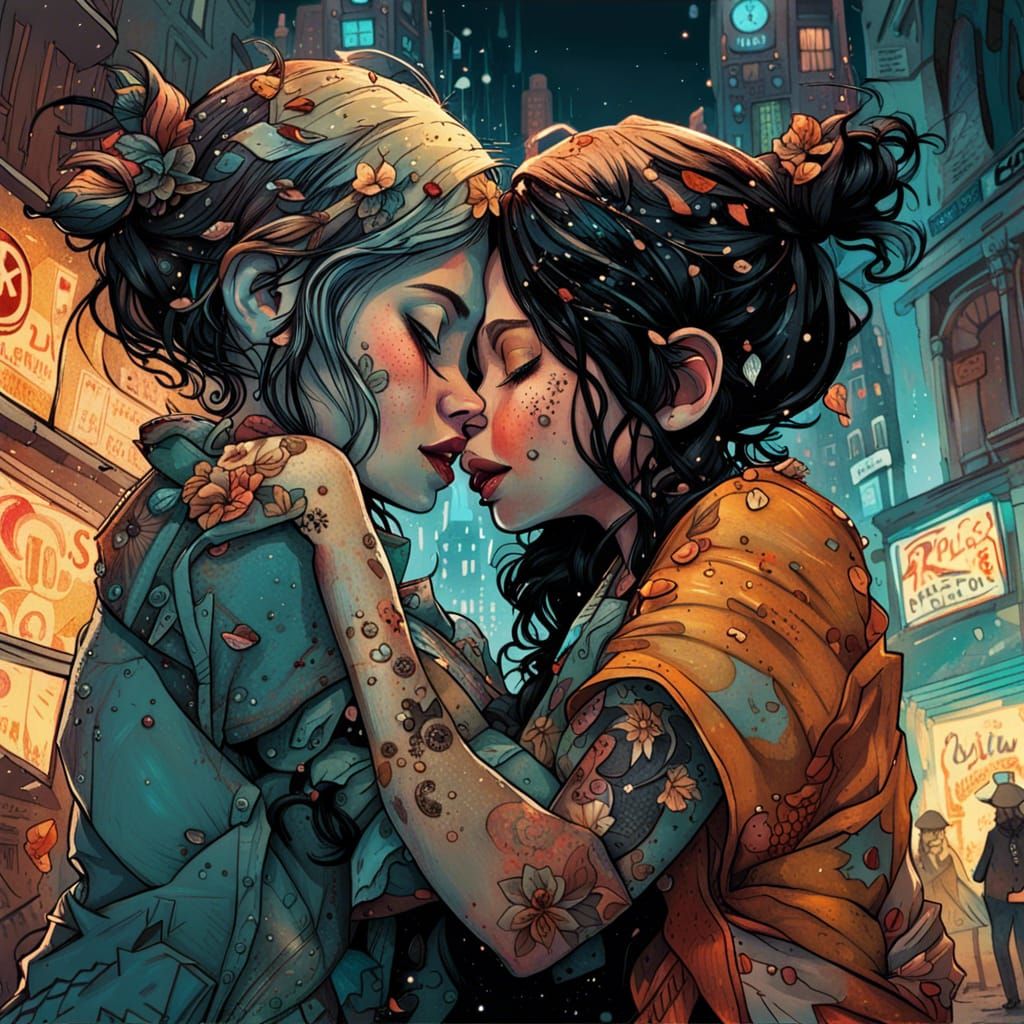 Hyperrealistic Girls Hugging at Night