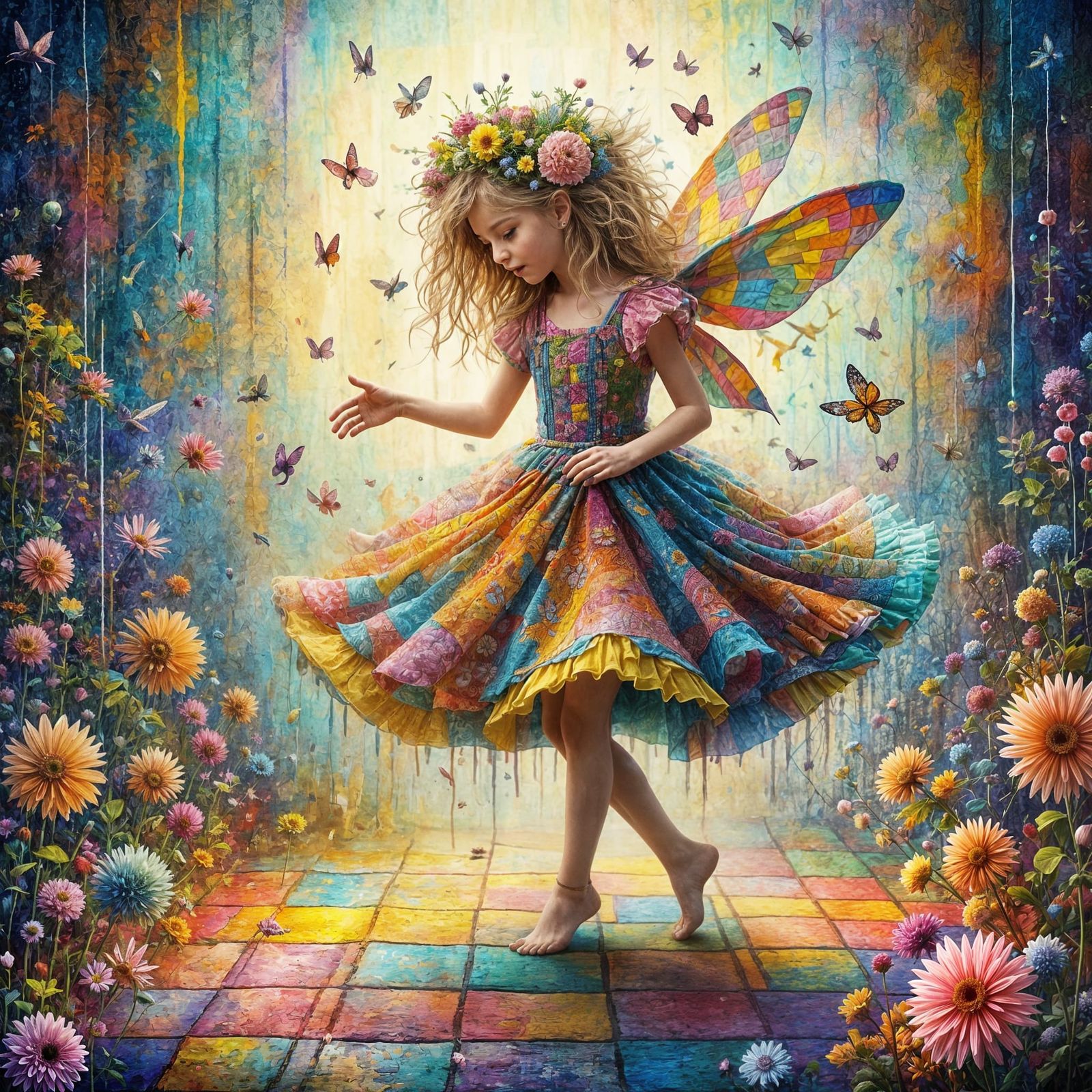 Barefoot Girl Dancing in Patchwork Dress on Quilt