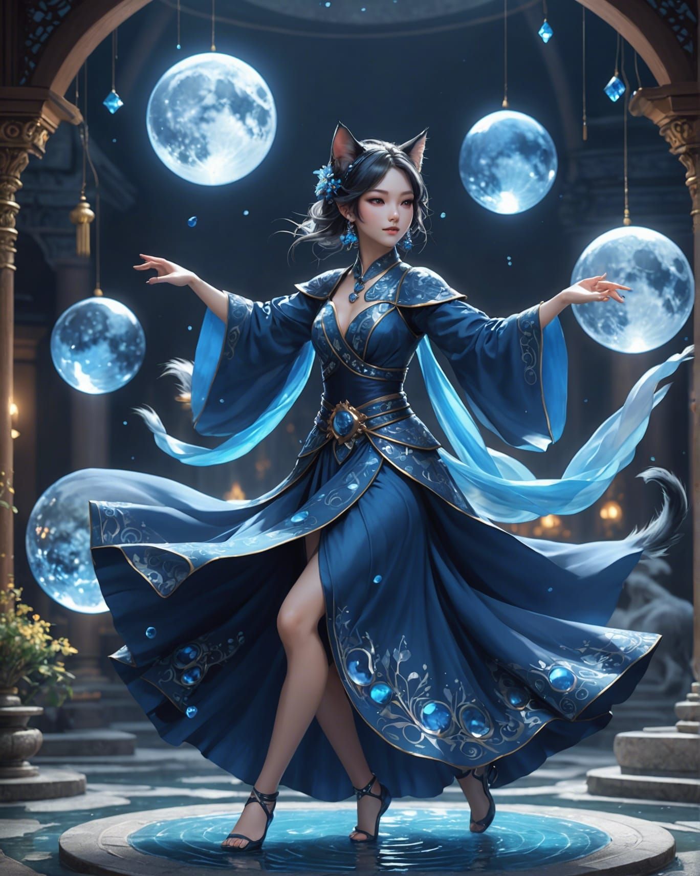 Cat Woman Dancing with Blue Moons in Anime Style