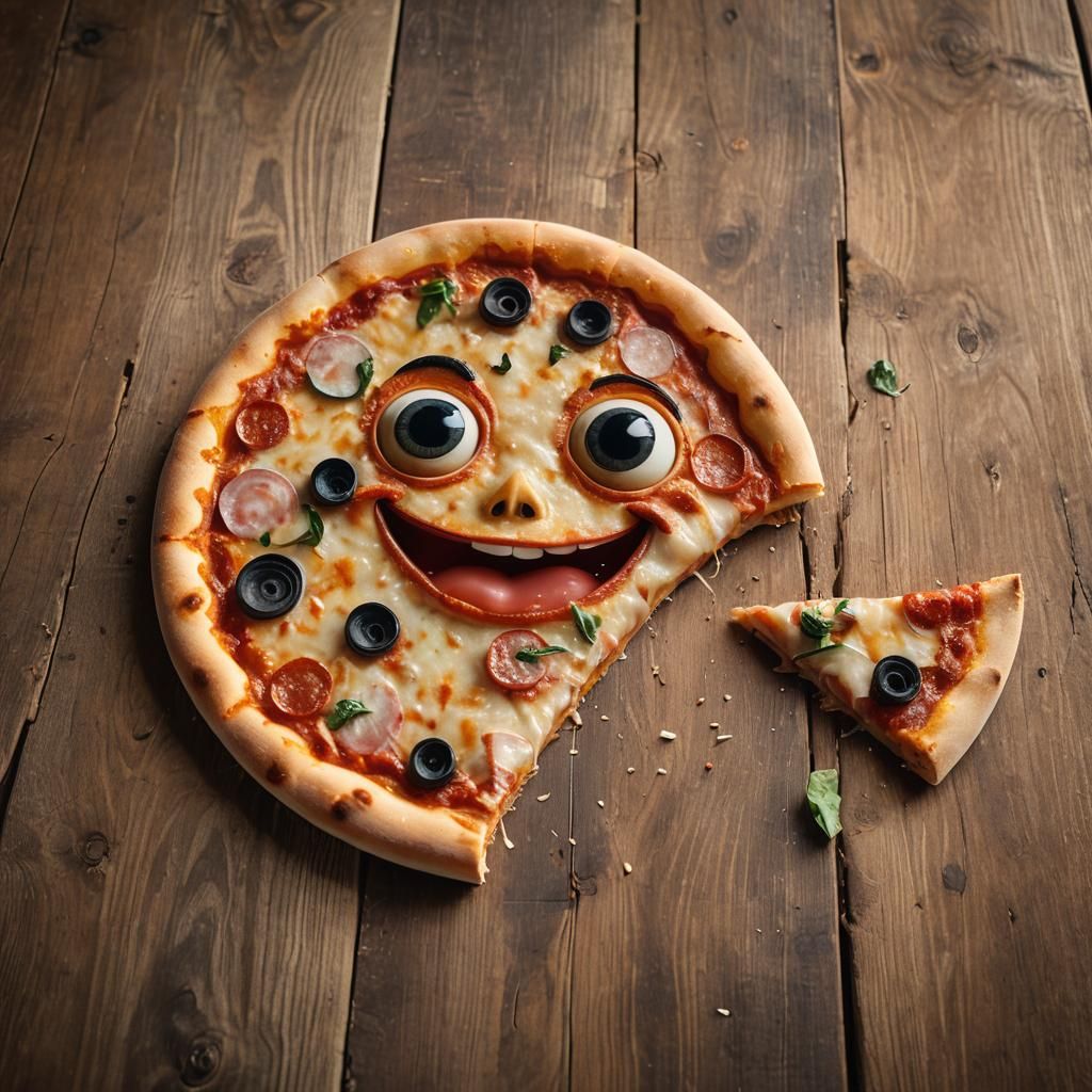 Laughing Pizza with Big Eyes in Golden Sunlight