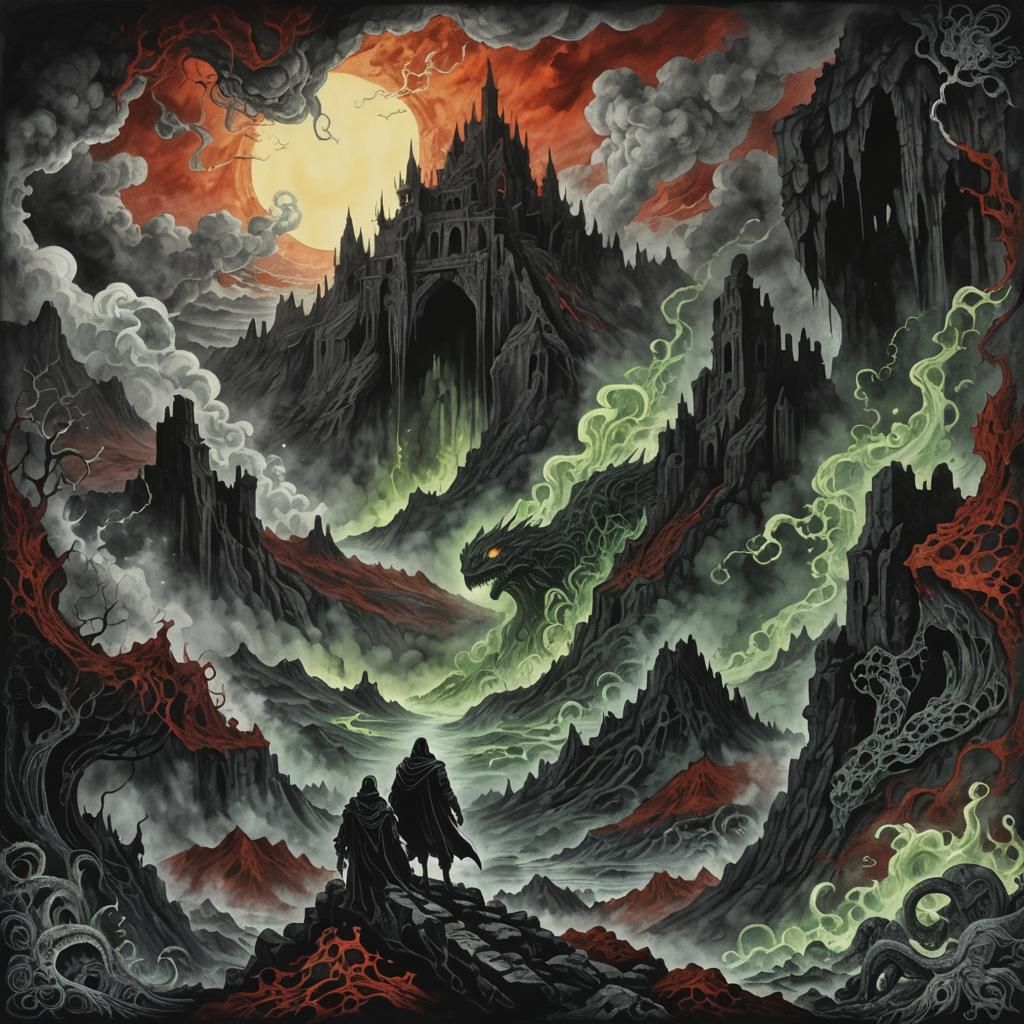 Eldritch Creature Emerges in Dark Fantasy Ink Wash