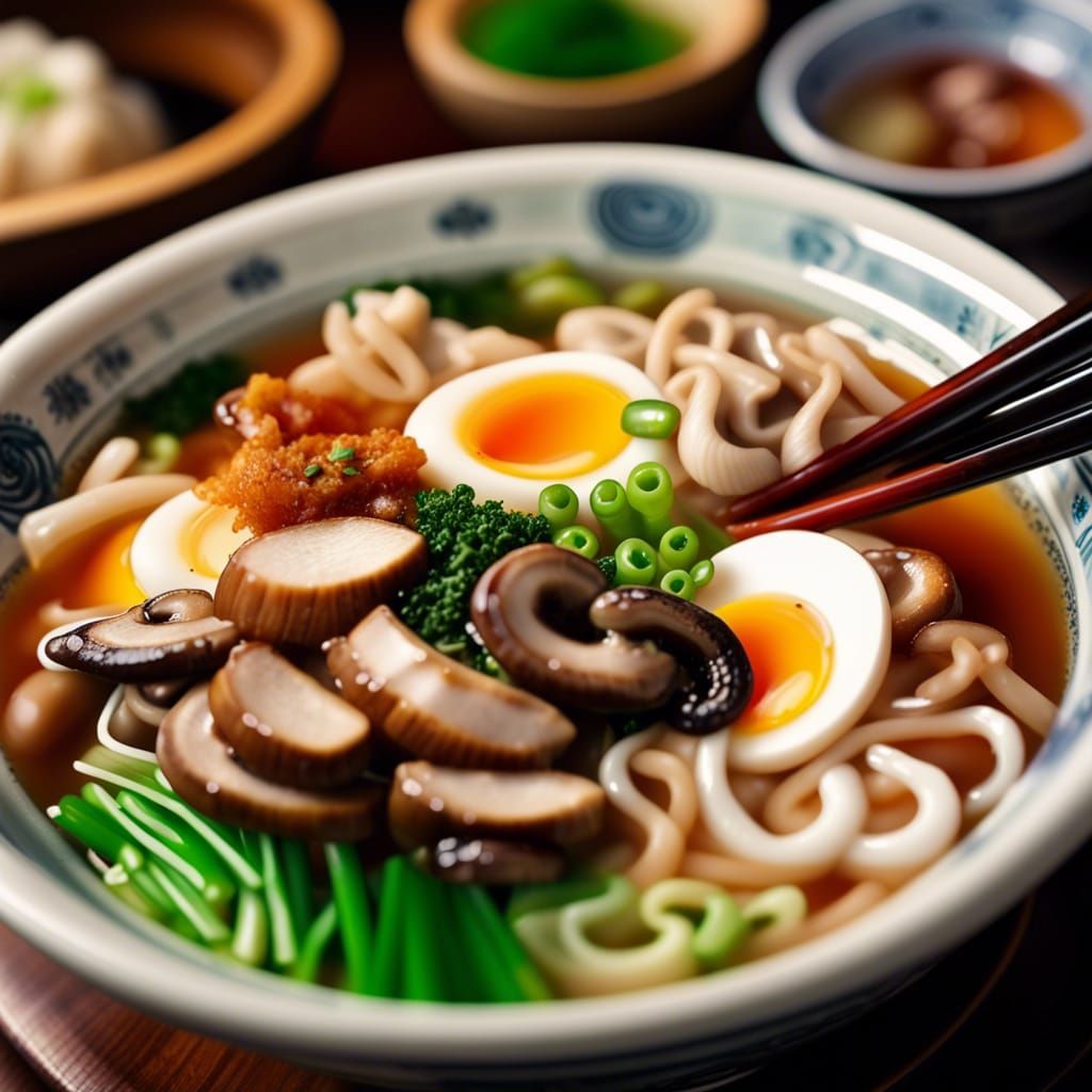Hyperrealistic Close-up of Steamy Udon Noodle Soup