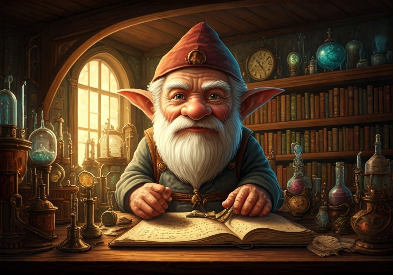 Steampunk Gnome Inventor Amidst Whirring Clockwork Machinery