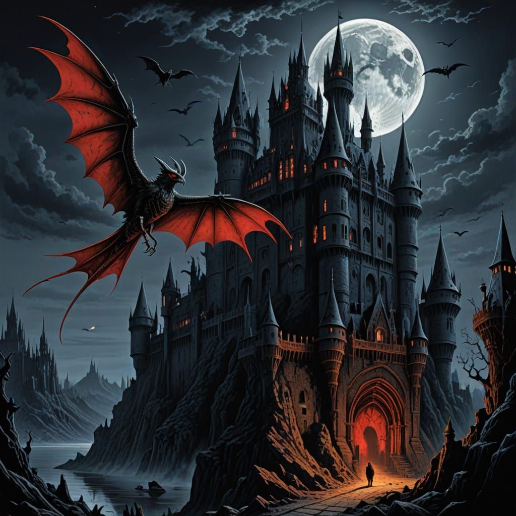 Surreal Gothic Scene with Dark Wings and Scarlet Moonlight