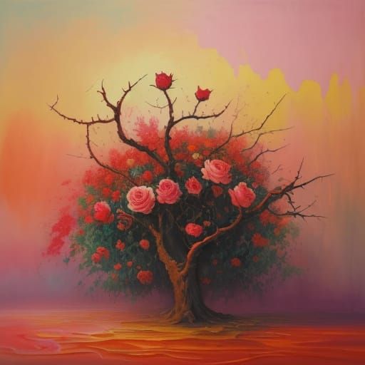 Surreal Rose Oil Painting with Vibrant Thorns