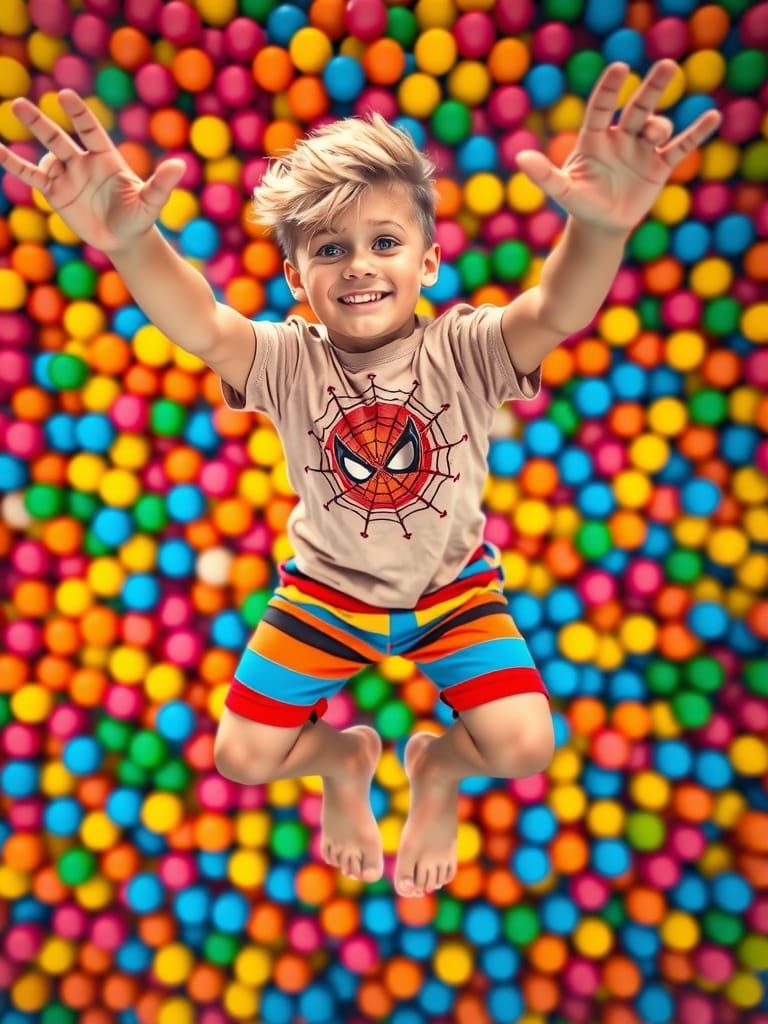 Joyful Boy Soars Through Colorful Balls