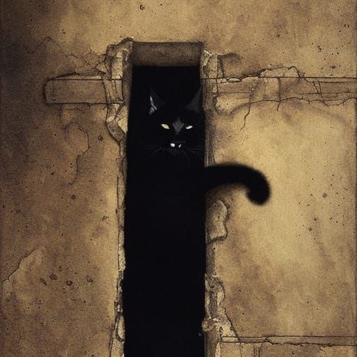 Surreal Black Cat Portrait in Crumbling Stucco Wall