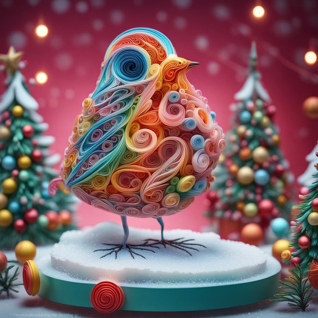 Festive Bird on Christmas Tree: Candy Art Style