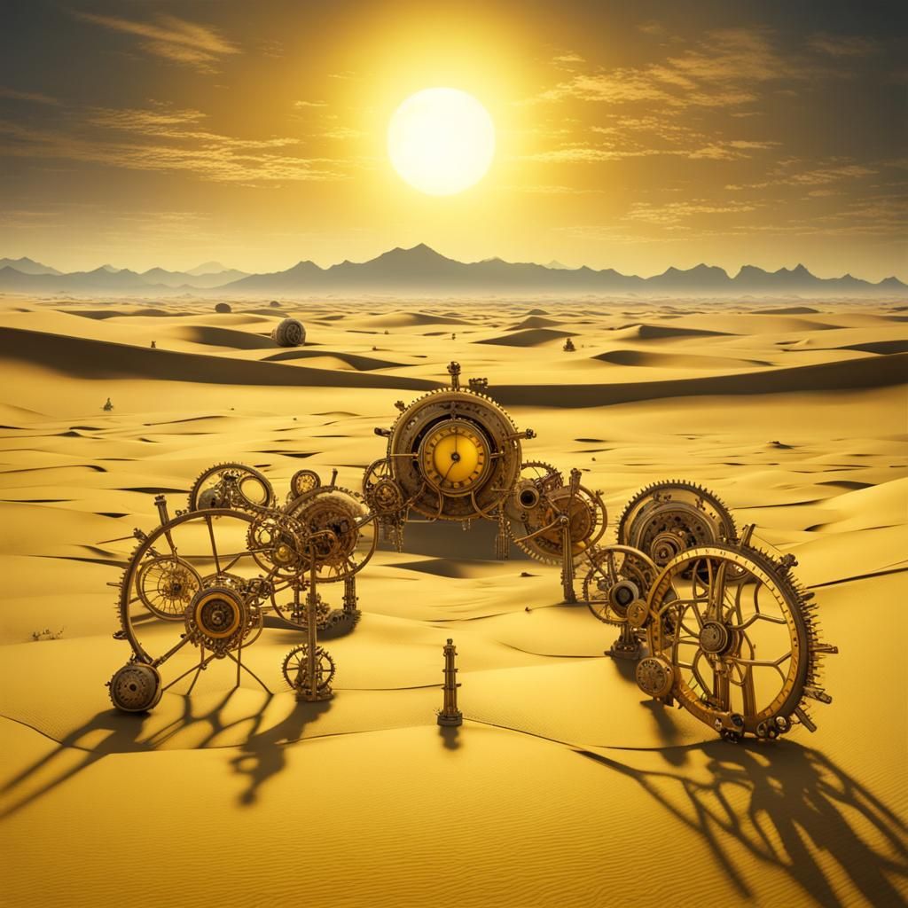 Steampunk Sunrise in a Surreal Desert Landscape