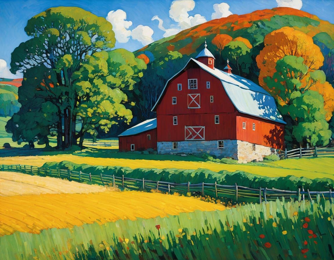 Whimsical Countryside Scene in Vibrant Colors
