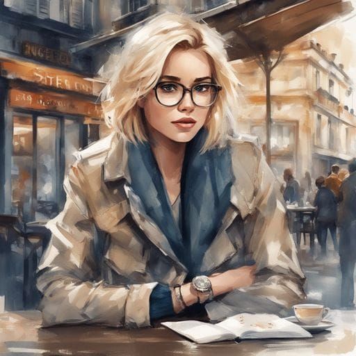 Beautiful Blond Girl in Paris Cafe: Watercolor Art
