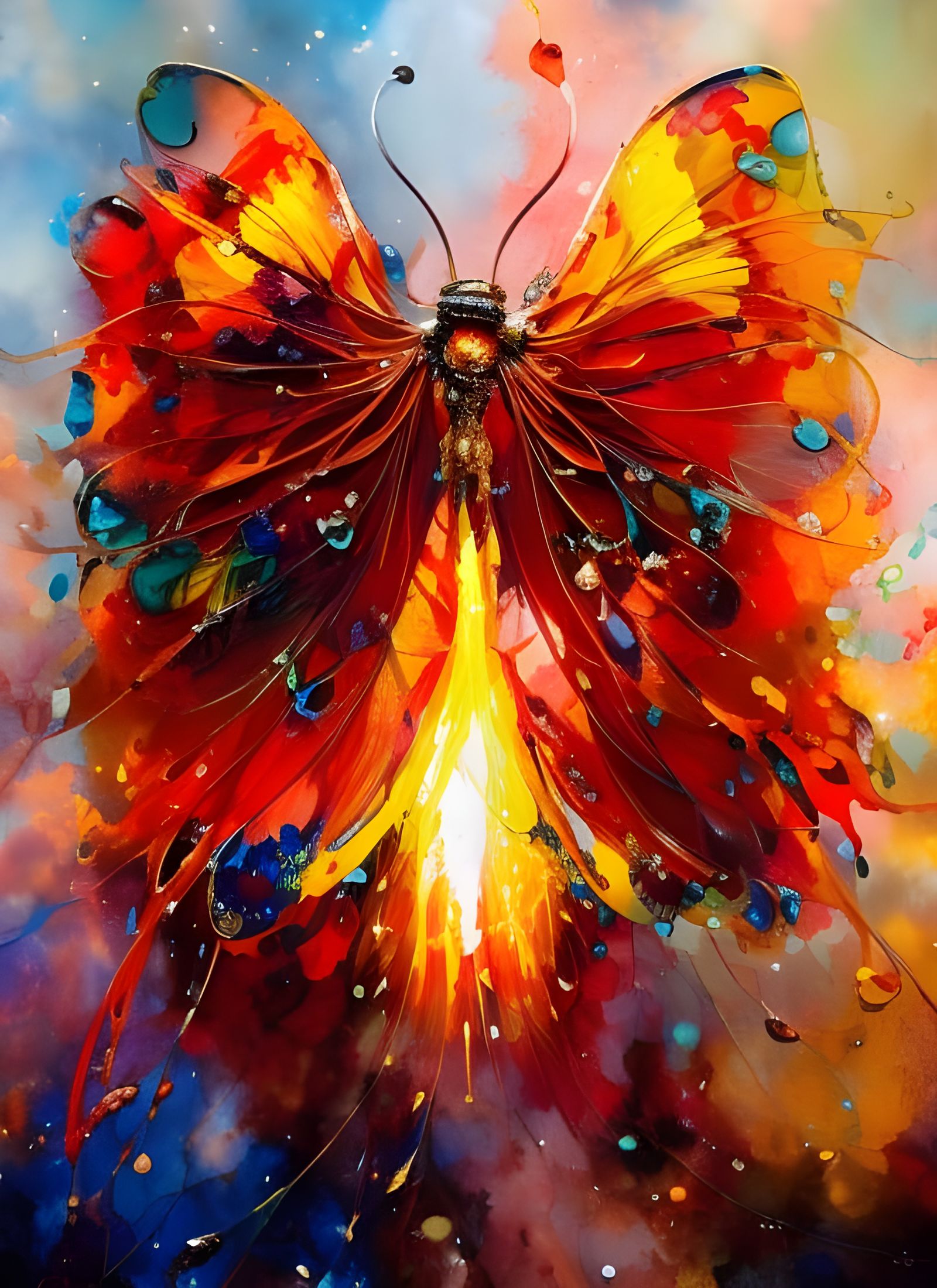 Fiery Butterflies: Marbled Oil and Gouache Illustration