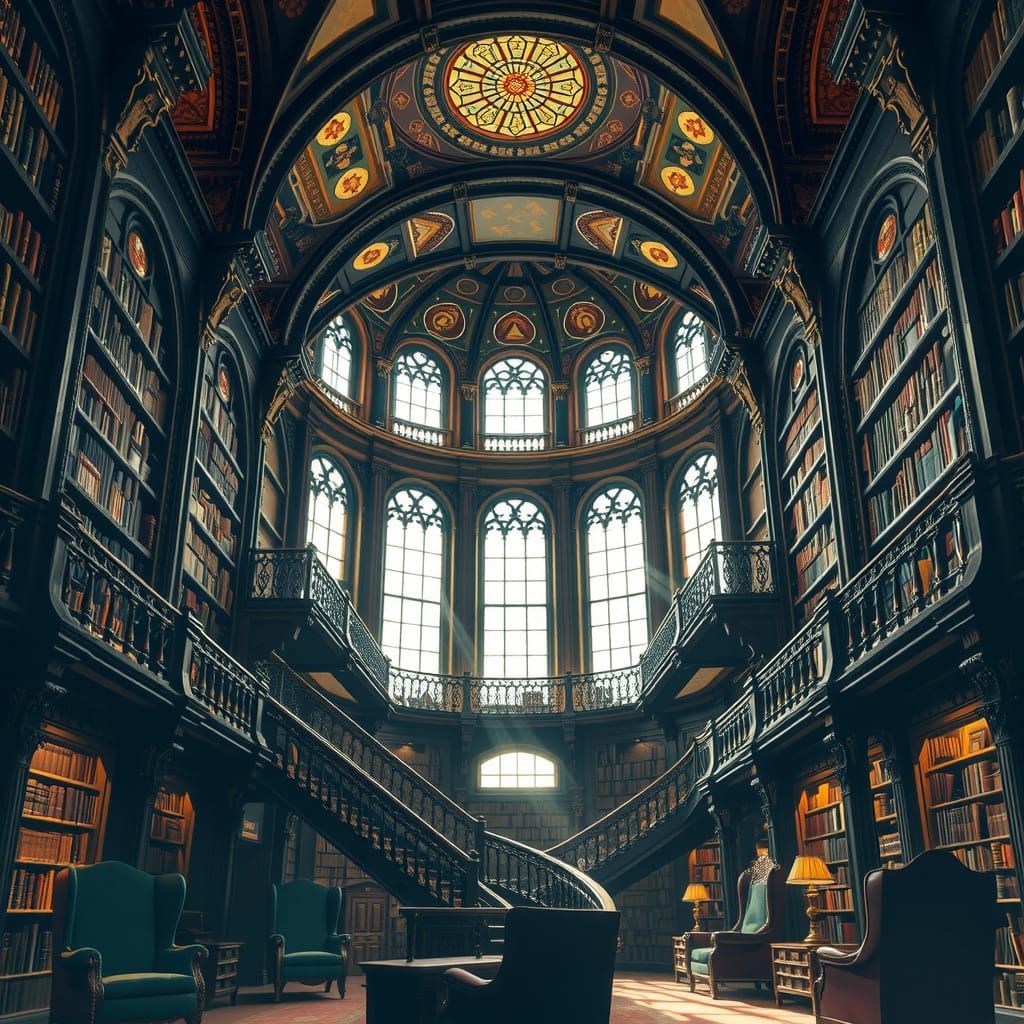 Majestic English Library with Vaulted Ceiling and Ornate Boo...