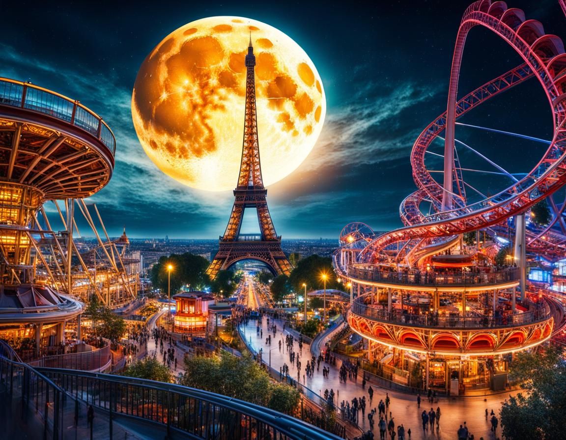 Surreal Theme Park with Eiffel Tower at Night
