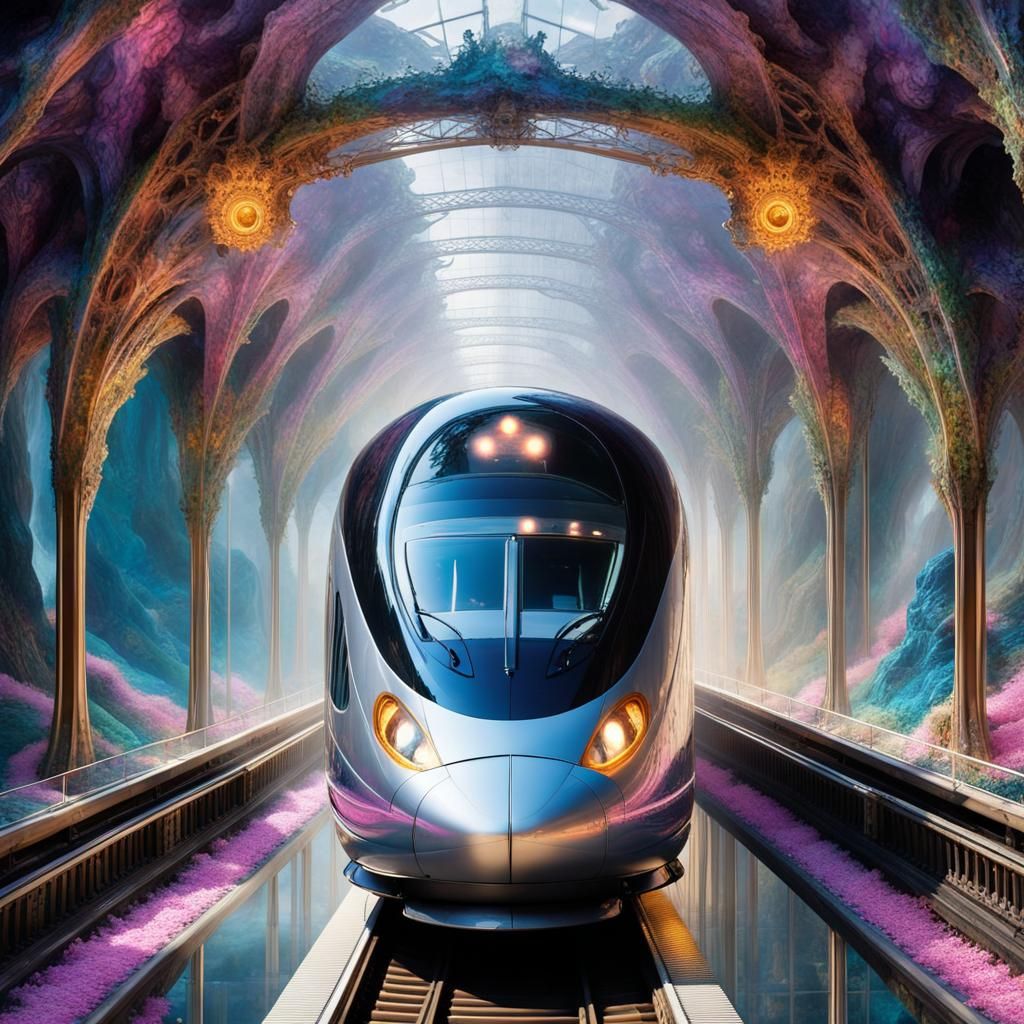 Transparent Glass Bullet Train in Underground Cavern