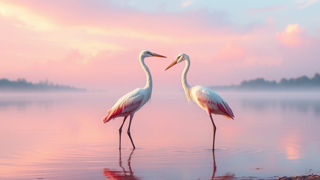 Whimsical Watercolor Herons in Pastel Morning Lake Scene