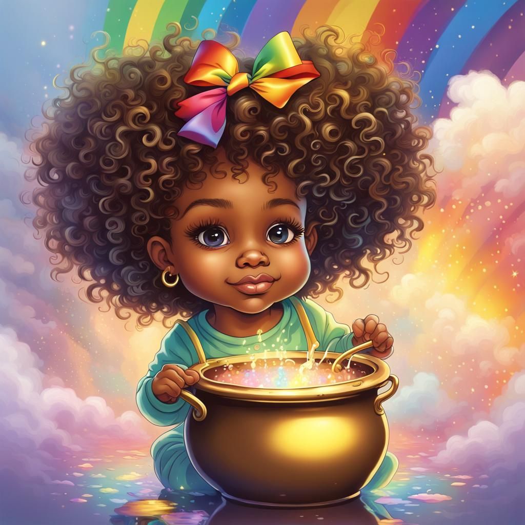 Dreamy Vector Baby with Rainbow and Pot of Gold