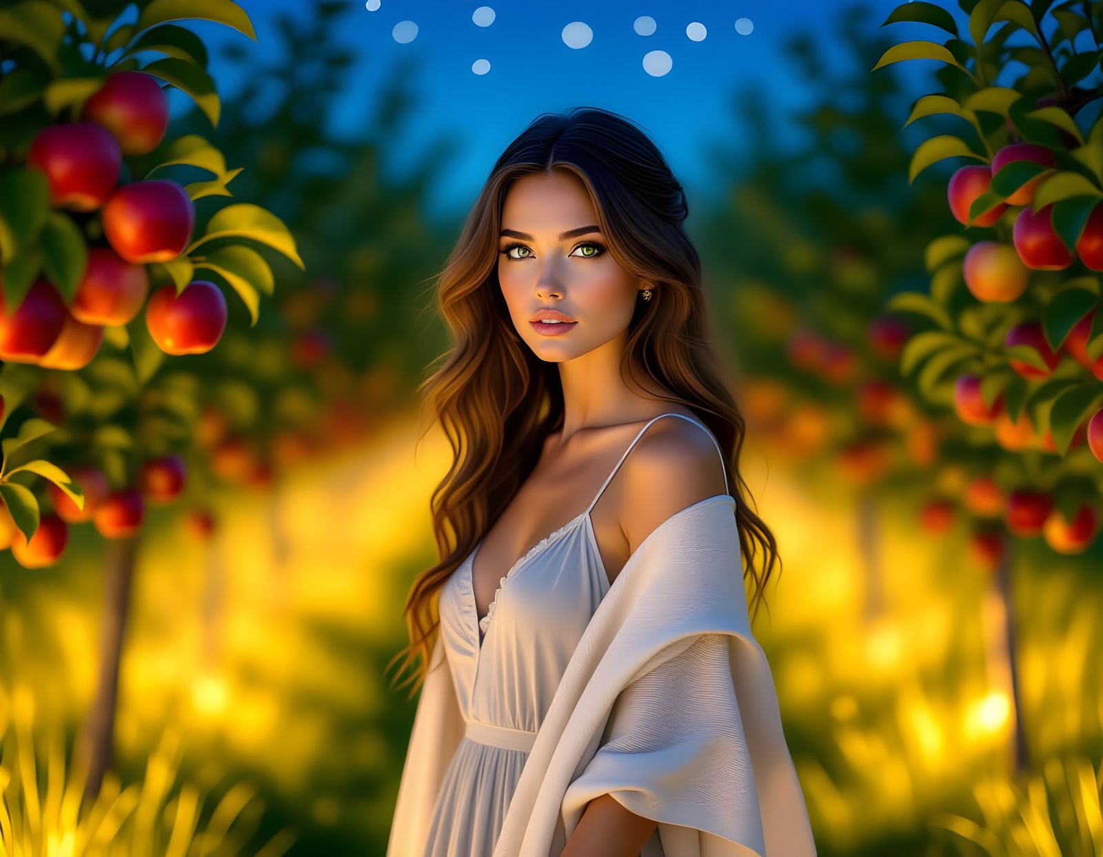 Woman Walks Through Starry Apple Orchard
