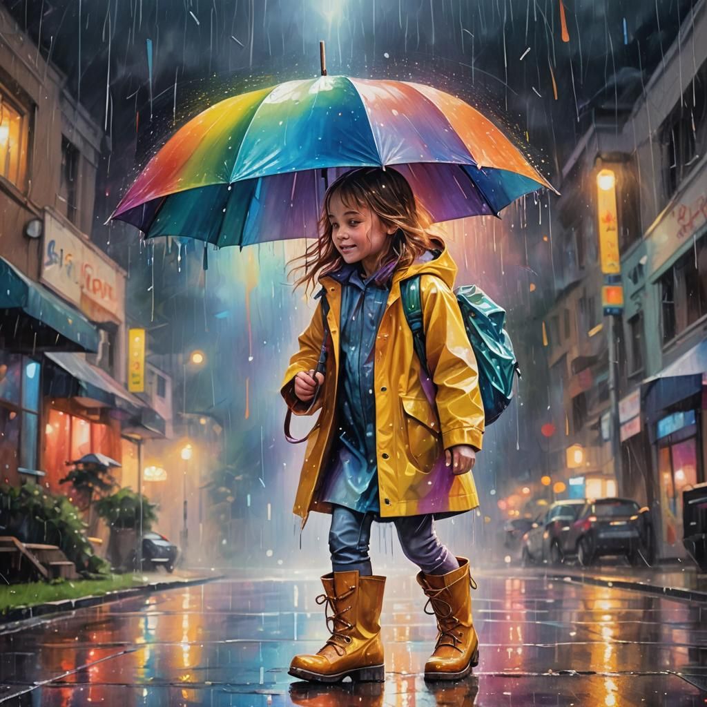 Girl with Rainbow Umbrella in Cosmic Rain