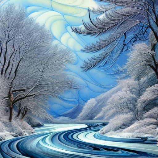 Winter River Scene in Gouache Watercolor