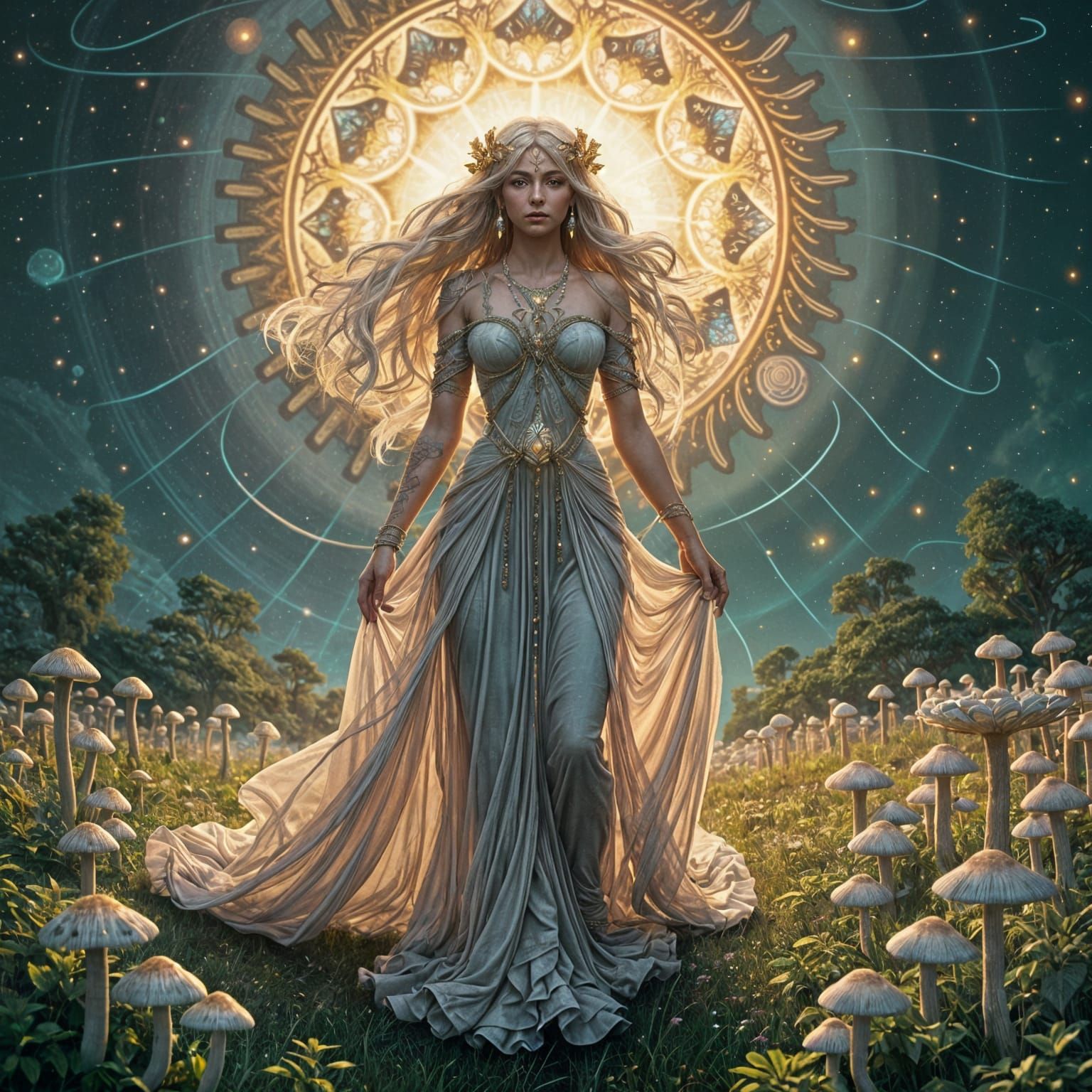 Goddess in Bioluminescent Field, Art Nouveau Style