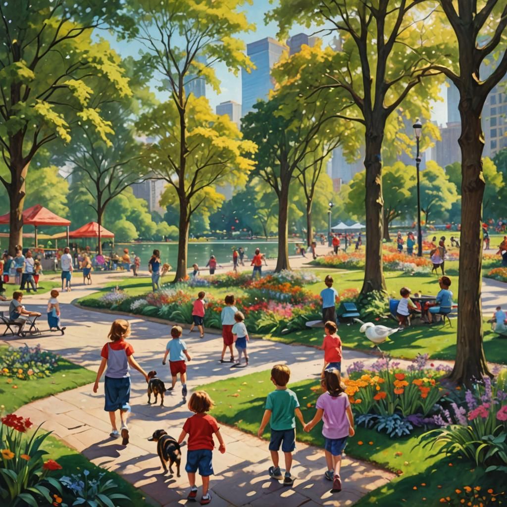 Vibrant Urban Park Painting in Impressionist Style