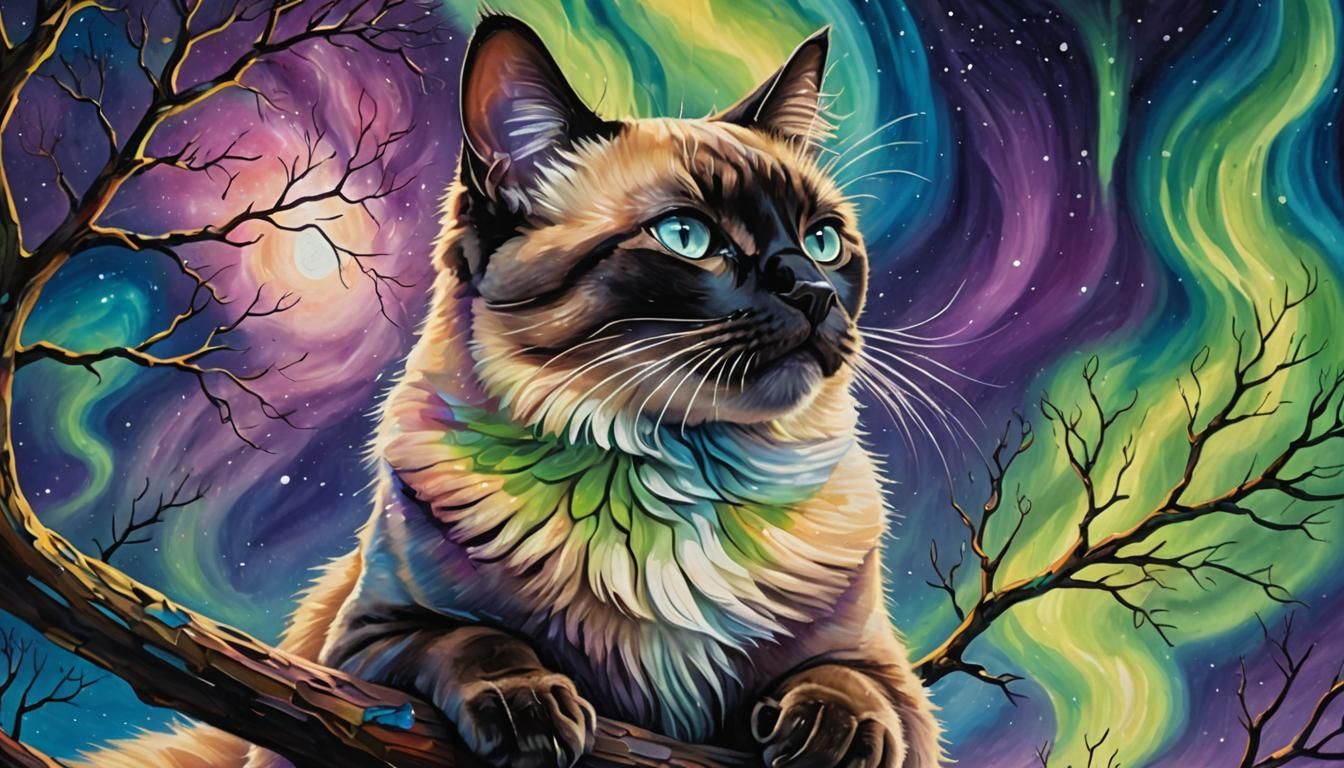 Siamese Cat Gazing at Aurora Borealis Oil Painting