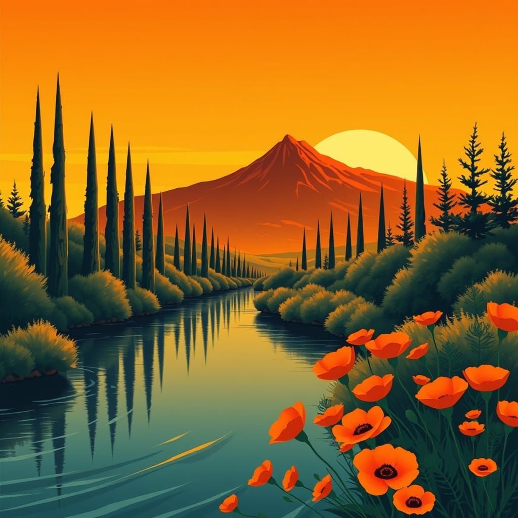 Mid-Century Modern River Scene with Cypress Trees and Vibran...