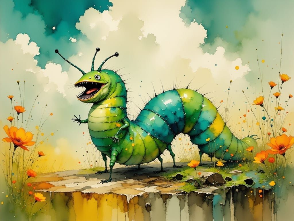 Excited Caterpillar as Watercolor Art