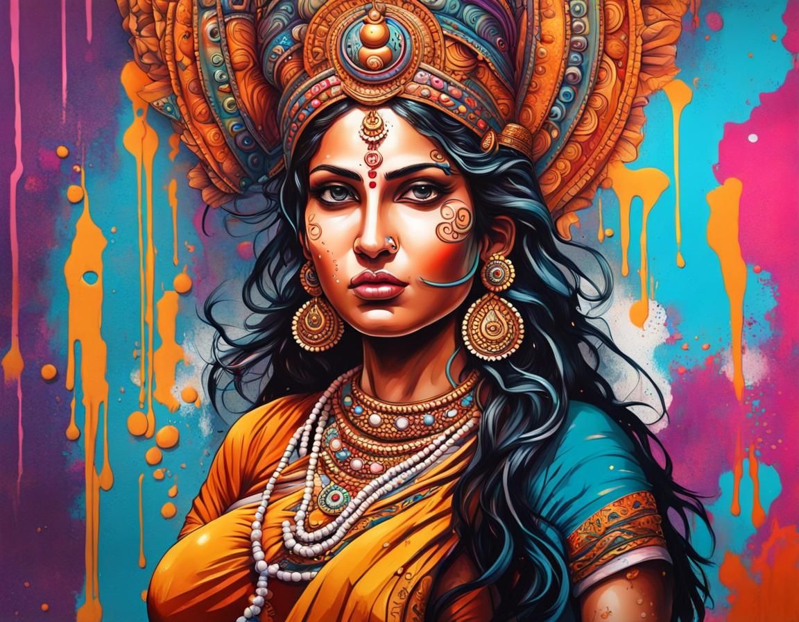 Pregnant Hindu Woman and Temple: Graffiti Art