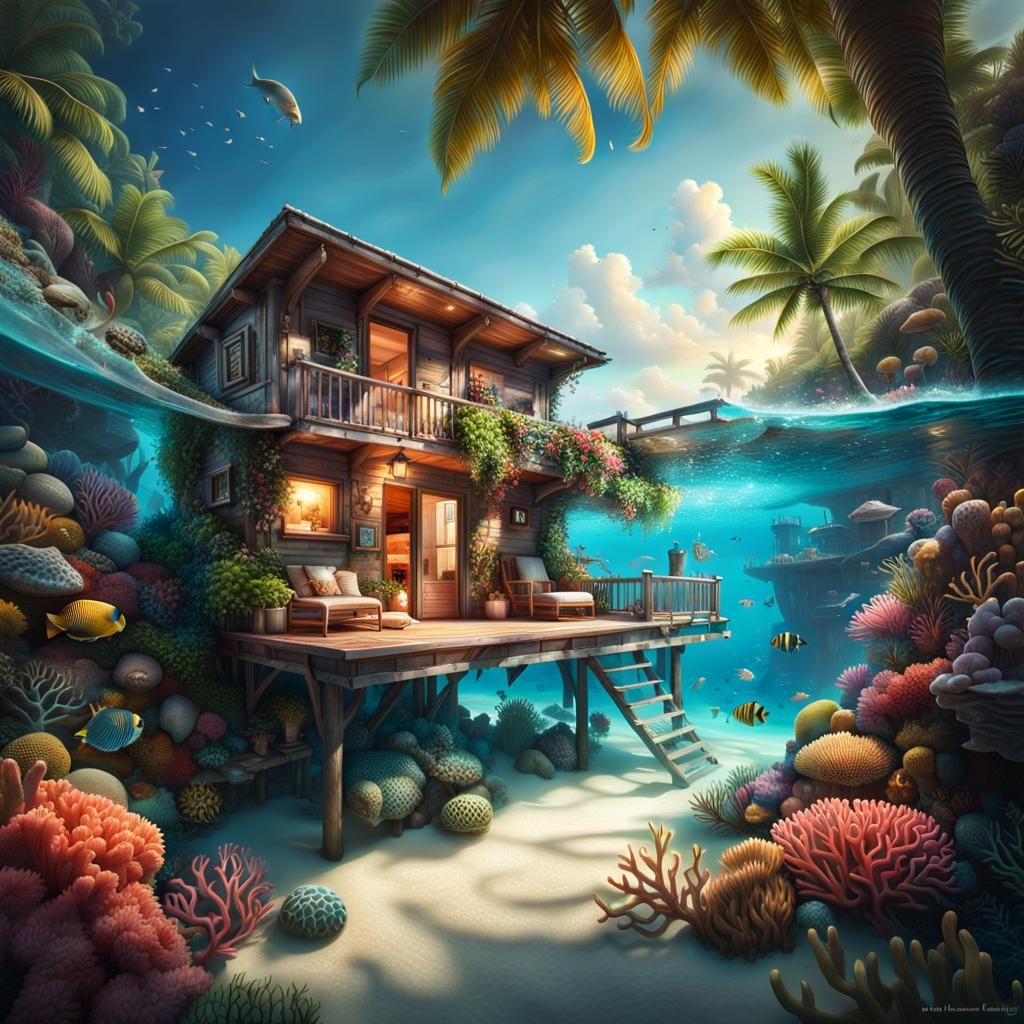 Cozy Beach House on Paradise Island at Sunset