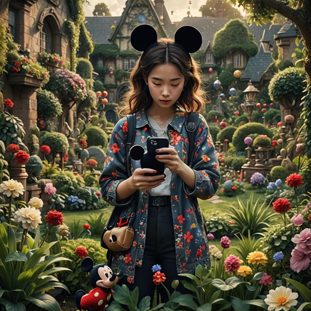 Woman with Mickey Mouse Plush in Garden