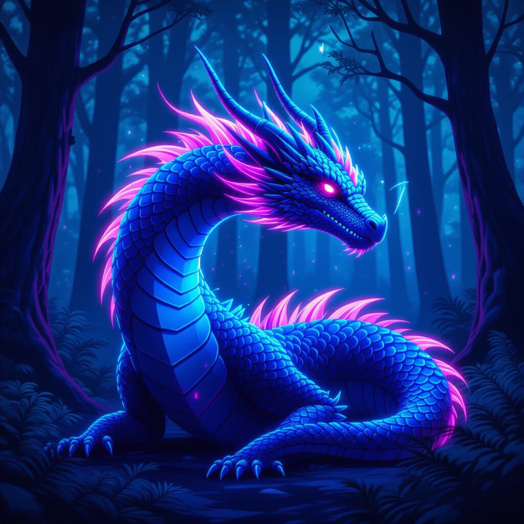 Neon Dragon in Cyberpunk Forest