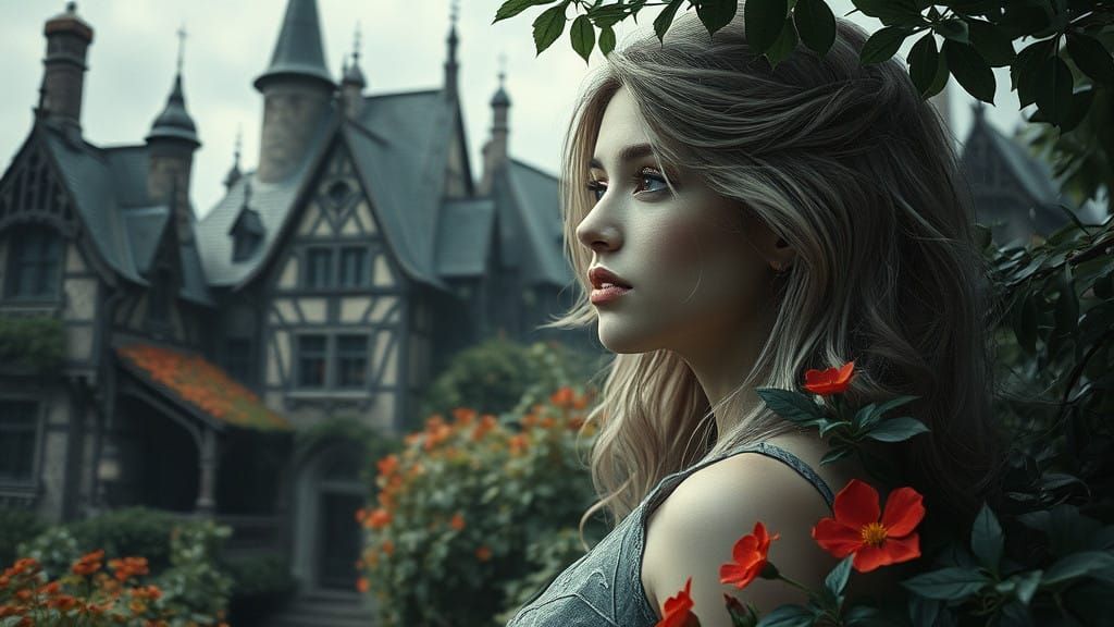 Ethereal Woman in Whimsical, Medieval Fantasy Landscape with...