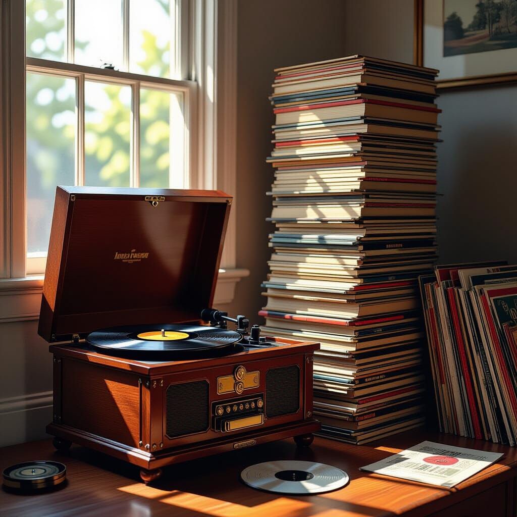 Antique Record Player & Vinyl Stack in Oil Painting Style