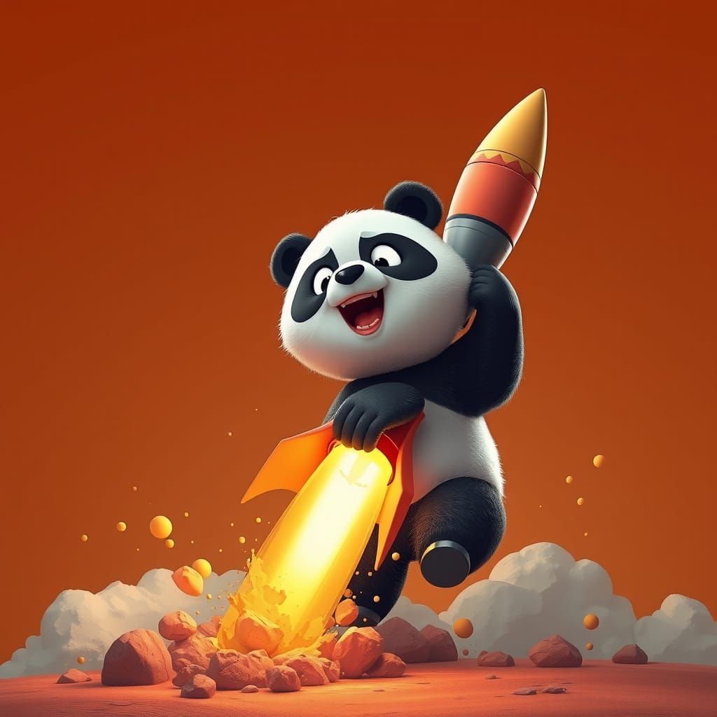 Cartoon Panda Launches Rocket on Orange Background